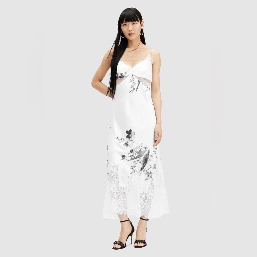 NWT Allsaints Evangelia Long Lace Trim Dress In White
